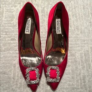 Badgley Mischka Red Satin Heels with Crystal Buckle